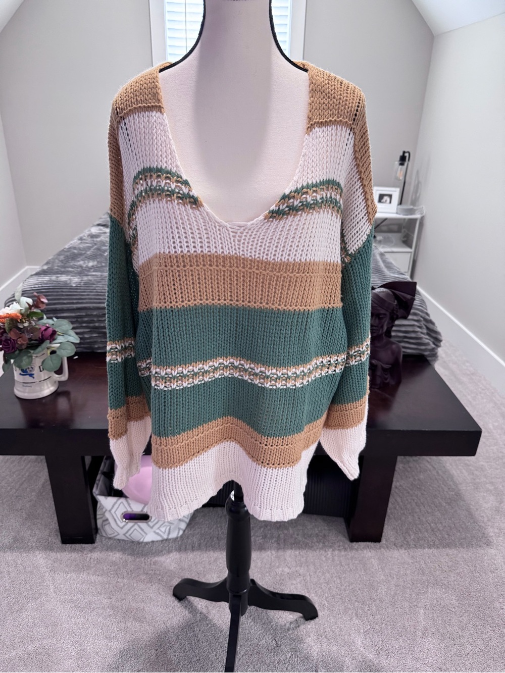 Baltic Born Striped V-Neck Sweater in Green, Tan & White